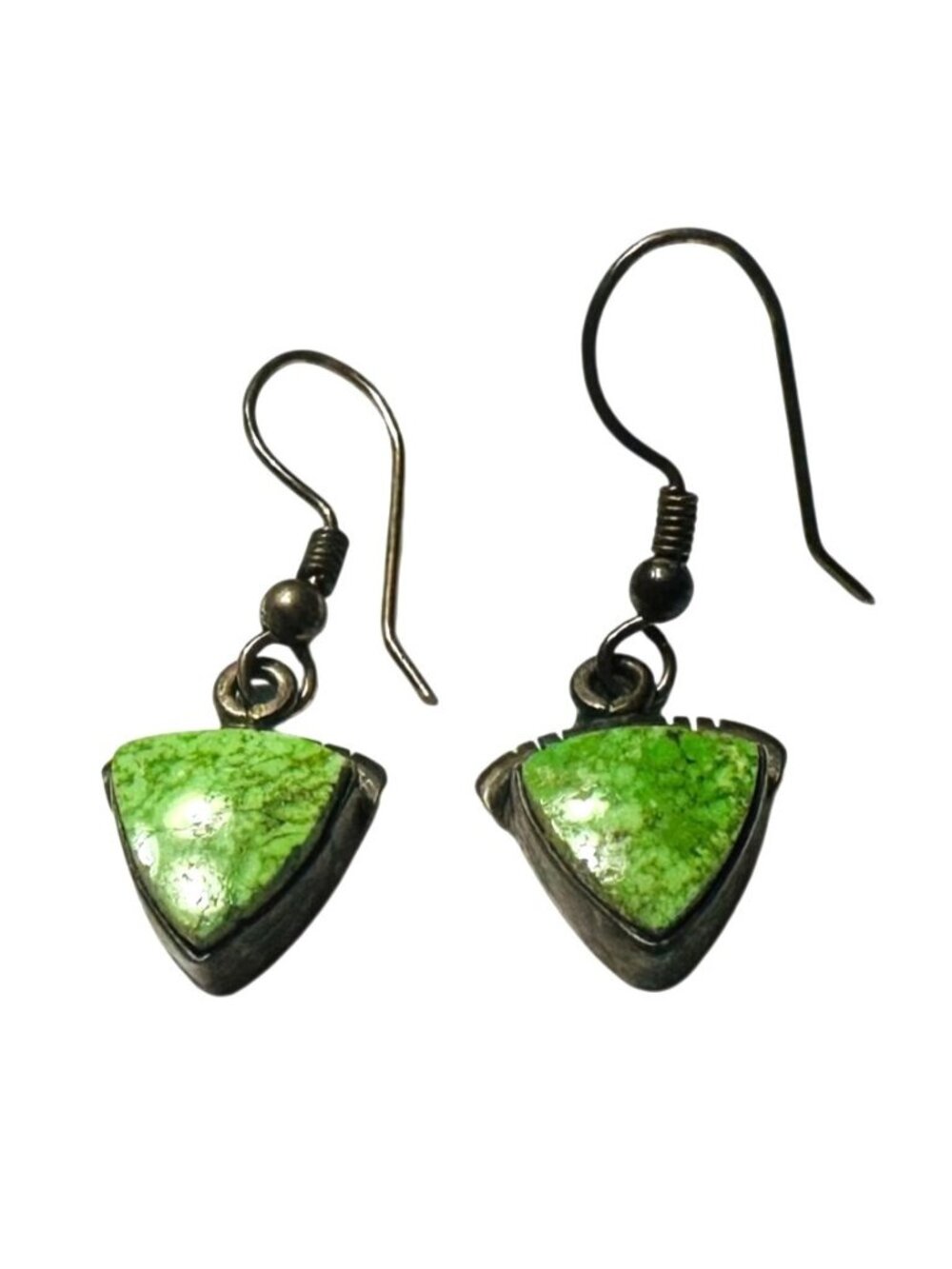Unmarked Silver Green Turquoise Triangle Stone Drop Earrings